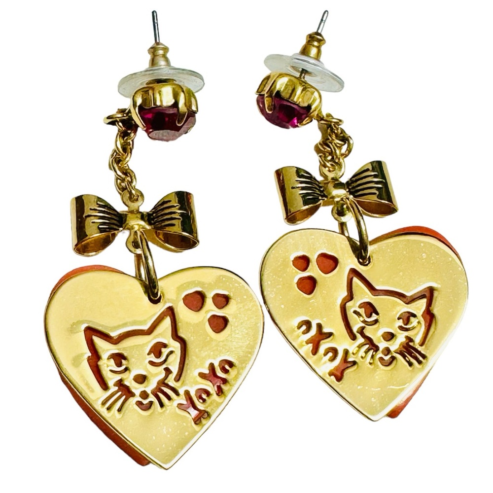 Betsey Johnson Heart Cat Dangle Earrings Gold & Orange Rare XOXO - Picture 4 of 8